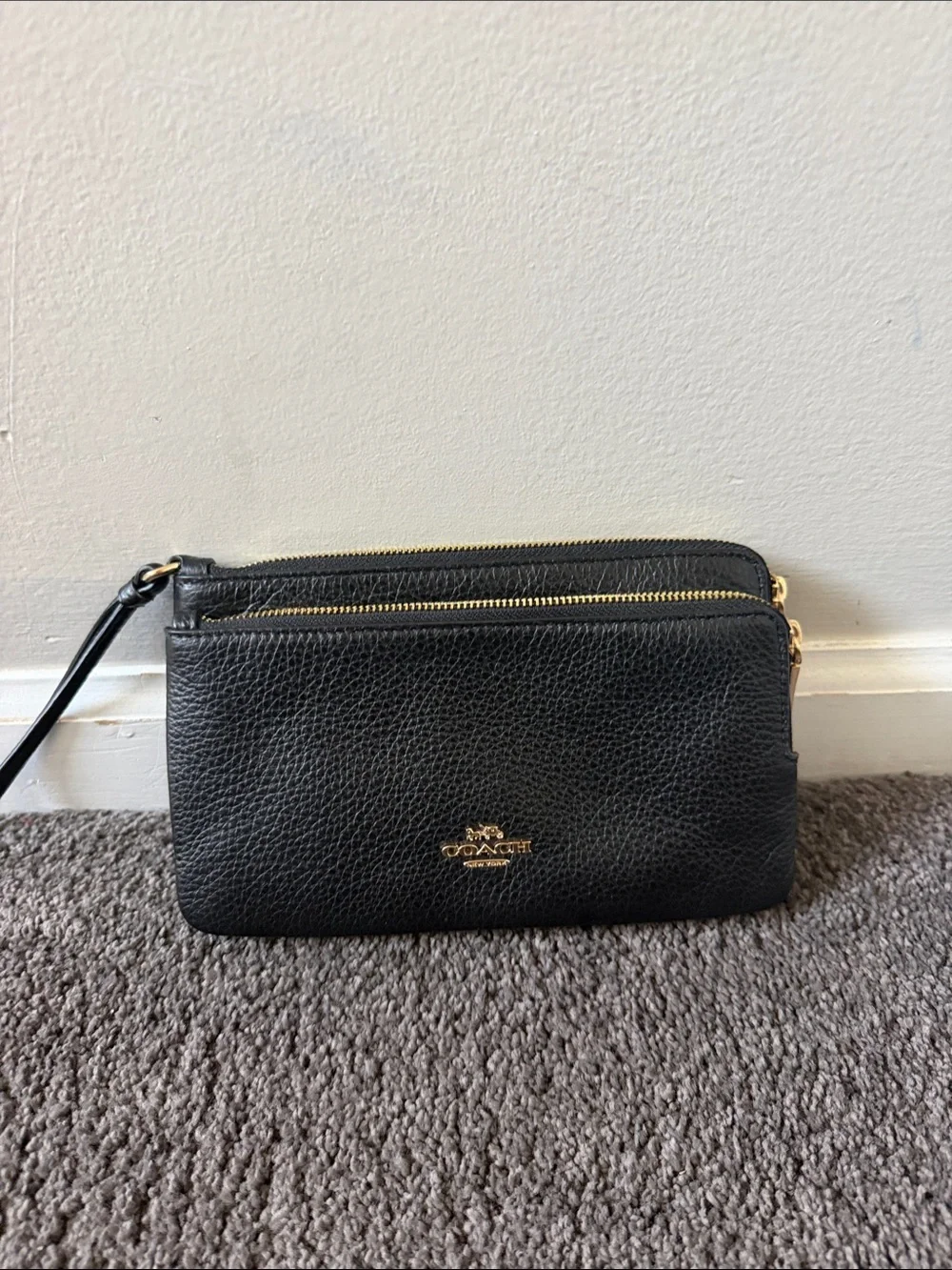 Coach Black Pebbled Leather Double Compartment Wristlet with Gold